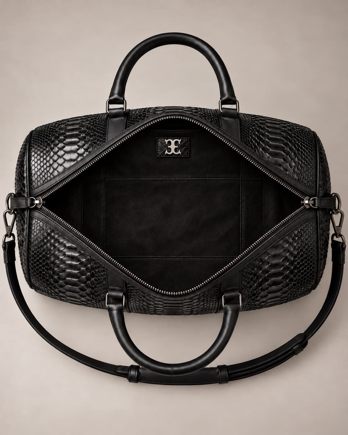 The Dom Bag in Black python, interior view