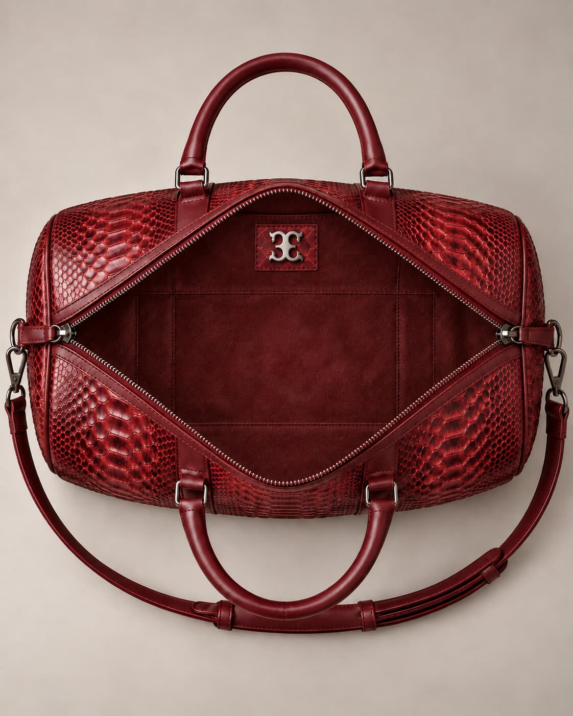 The Dom Bag in Burgundy python, interior view
