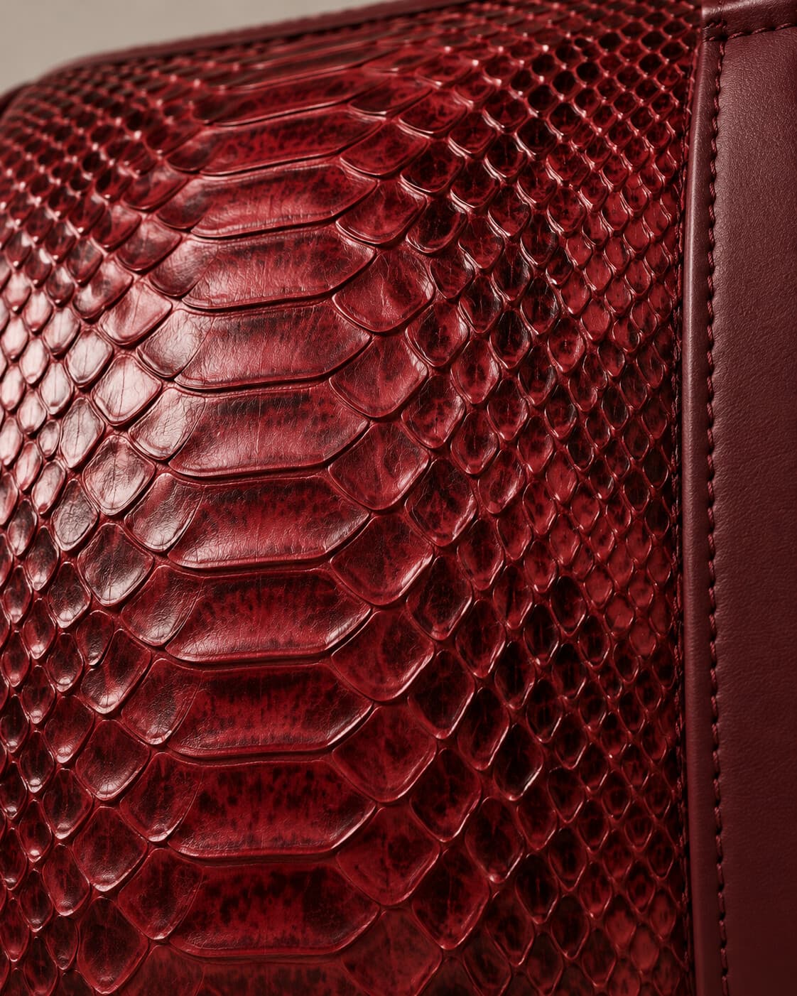 Close-up of the Burgundy python scales on The Dom Bag
