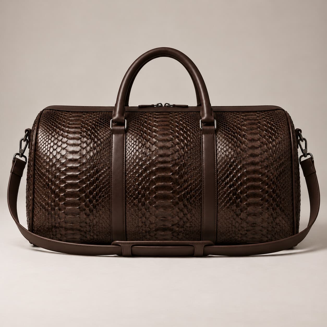 The Dom Bag in Chocolate Brown python, back view