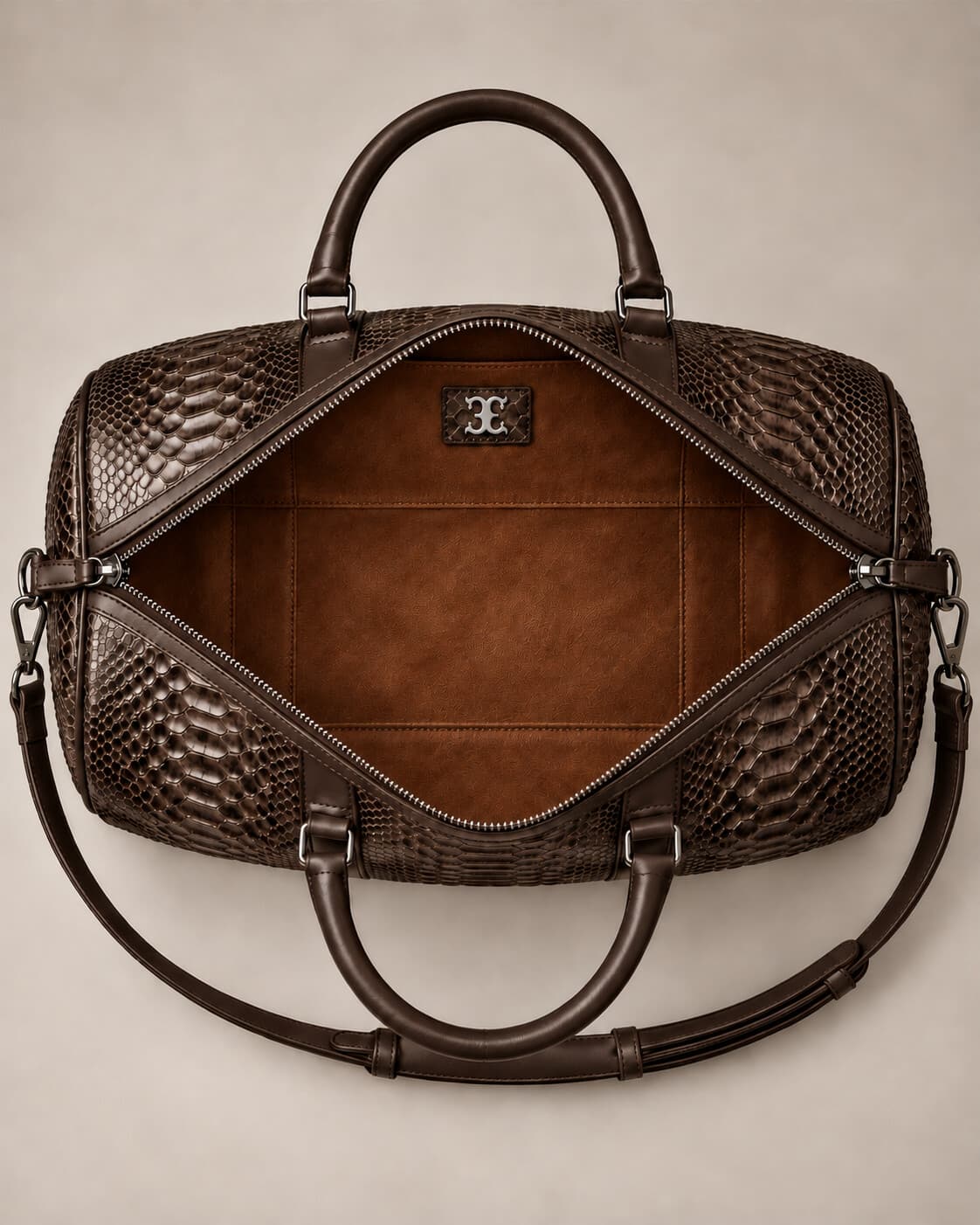 The Dom Bag in Chocolate Brown python, interior view