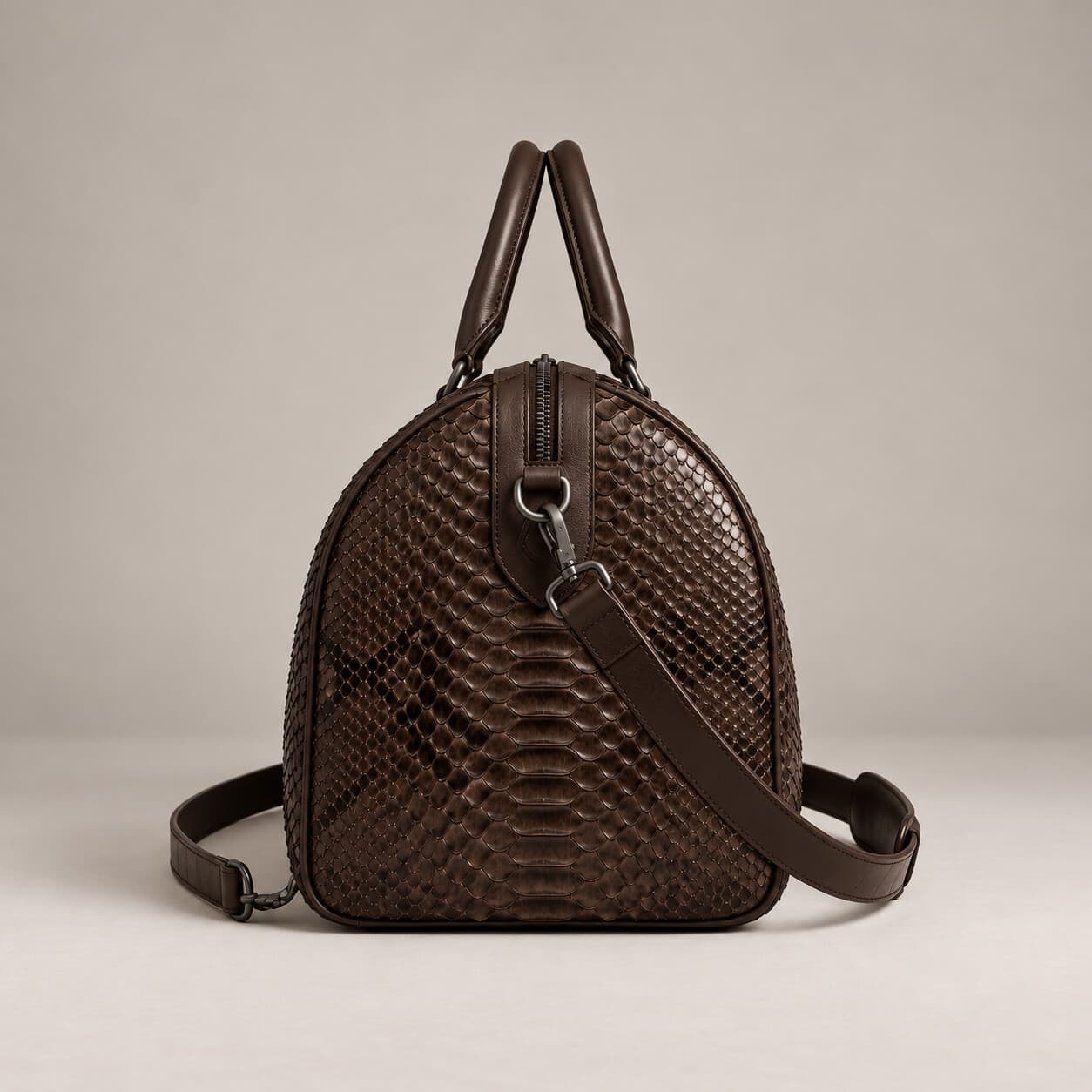 The Dom Bag in Chocolate Brown, side view