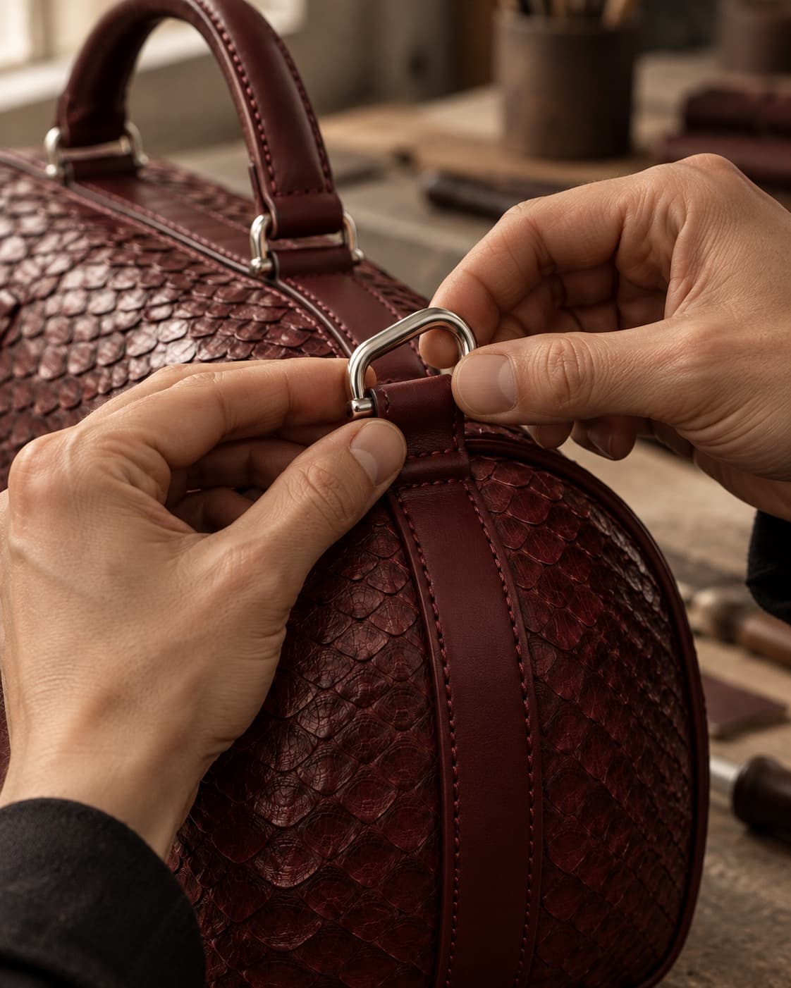 Hands fitting a polished silver D-ring onto a leather tab of a python duffel