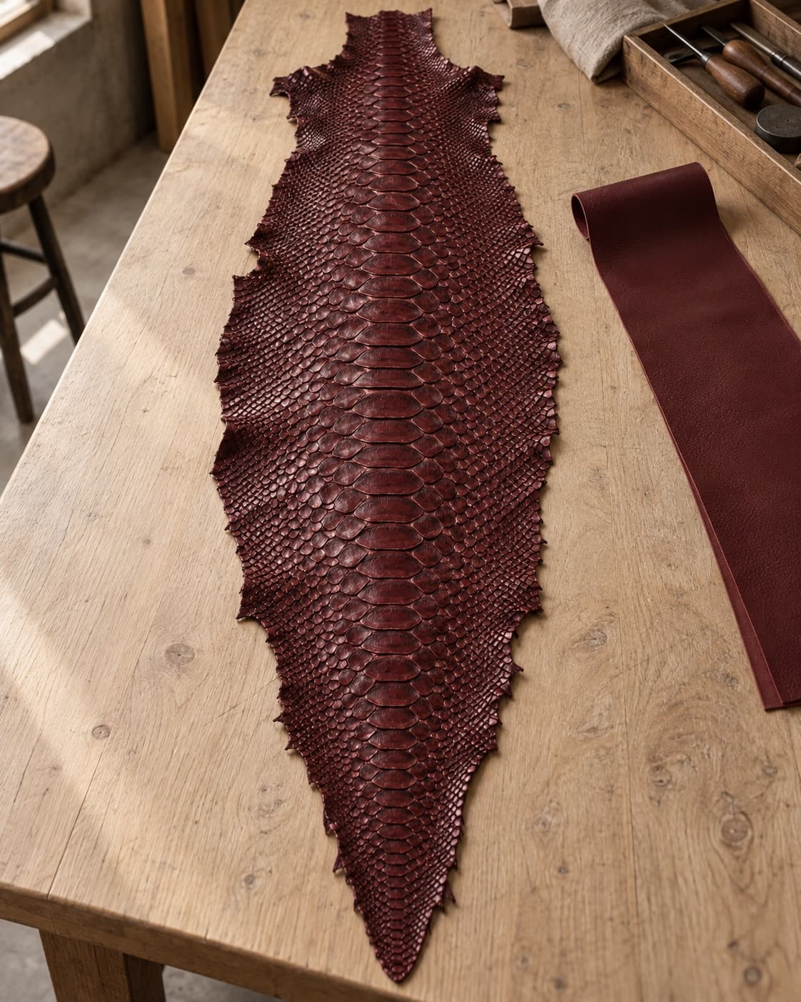 A full burgundy python skin laid flat on a pale wooden cutting table