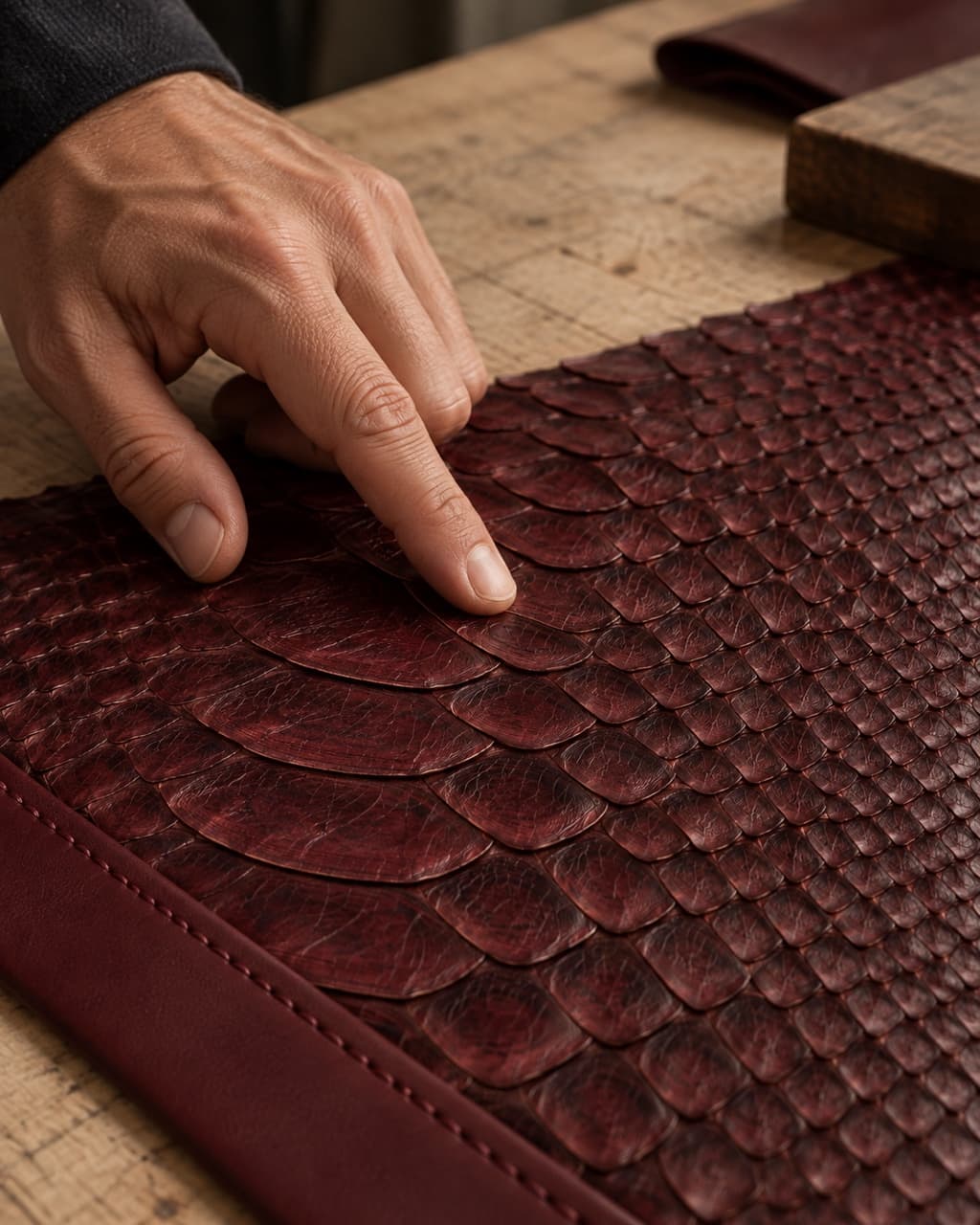 A craftsman's fingertip tracing the direction of the scales on a python skin