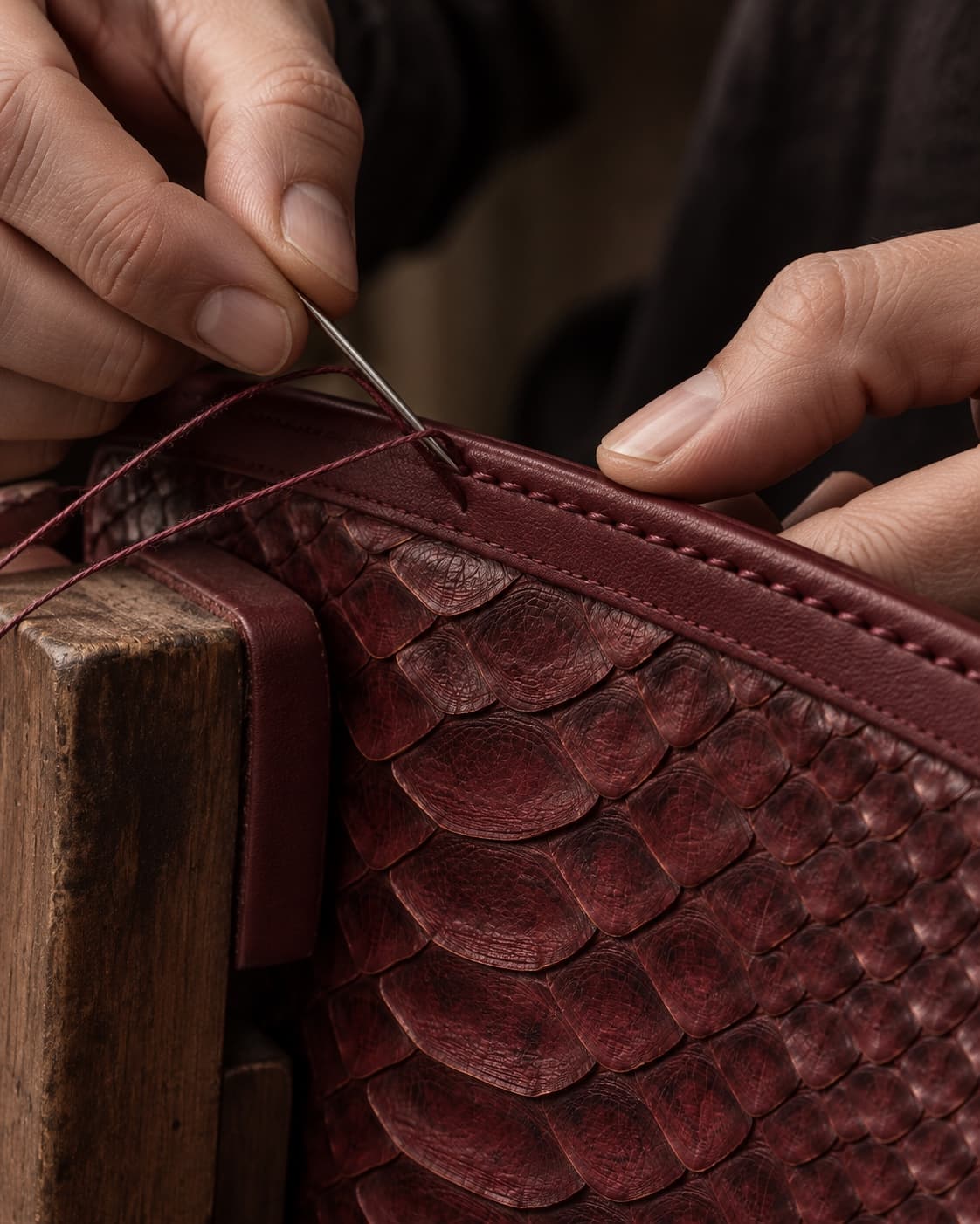 Hands saddle stitching a leather trim edge with a needle and waxed thread