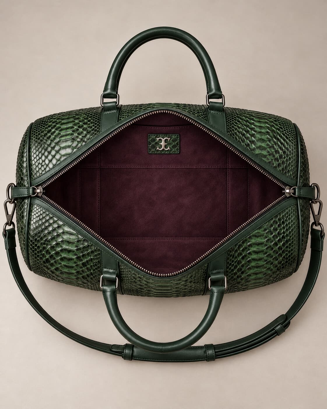 The Dom Bag in Forest Green python, interior view