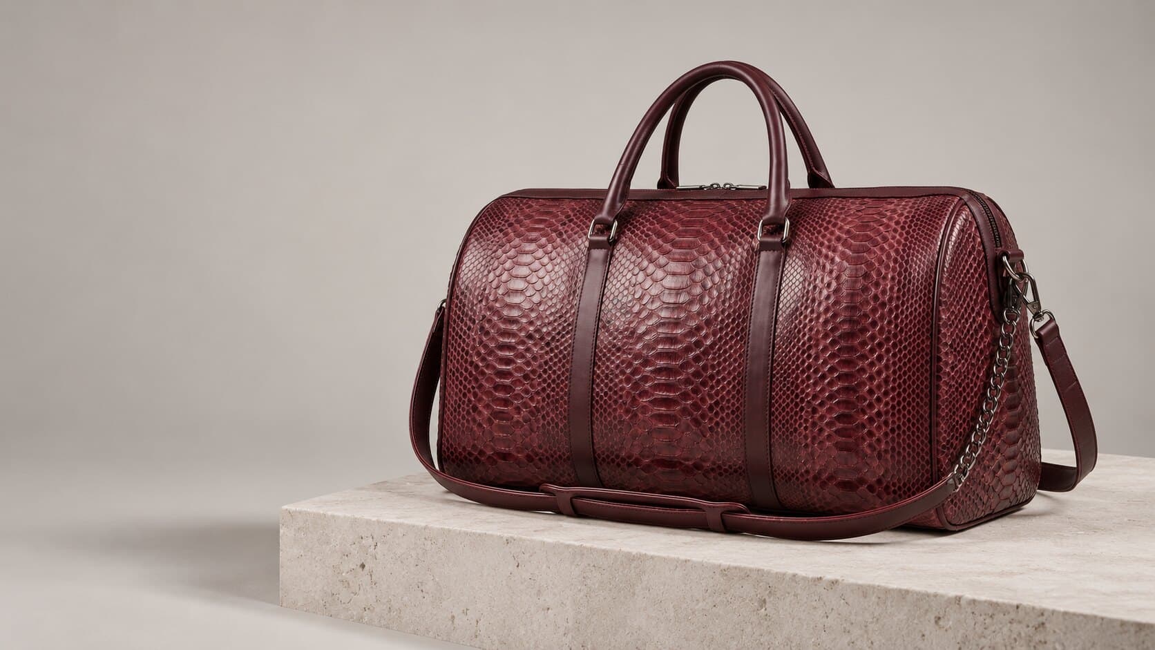 A burgundy python bag on a stone plinth