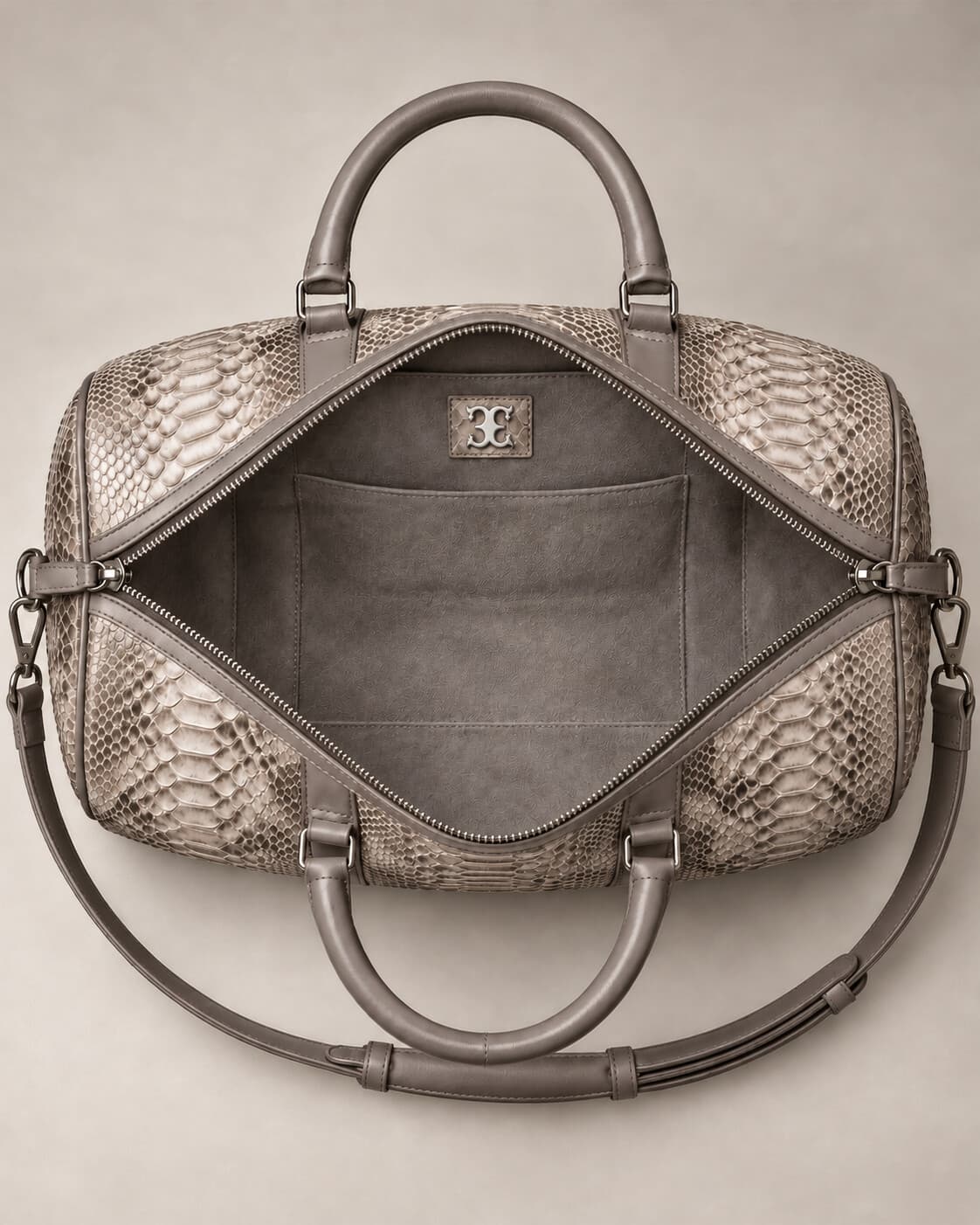 The Dom Bag in Himalayan Grey python, interior view
