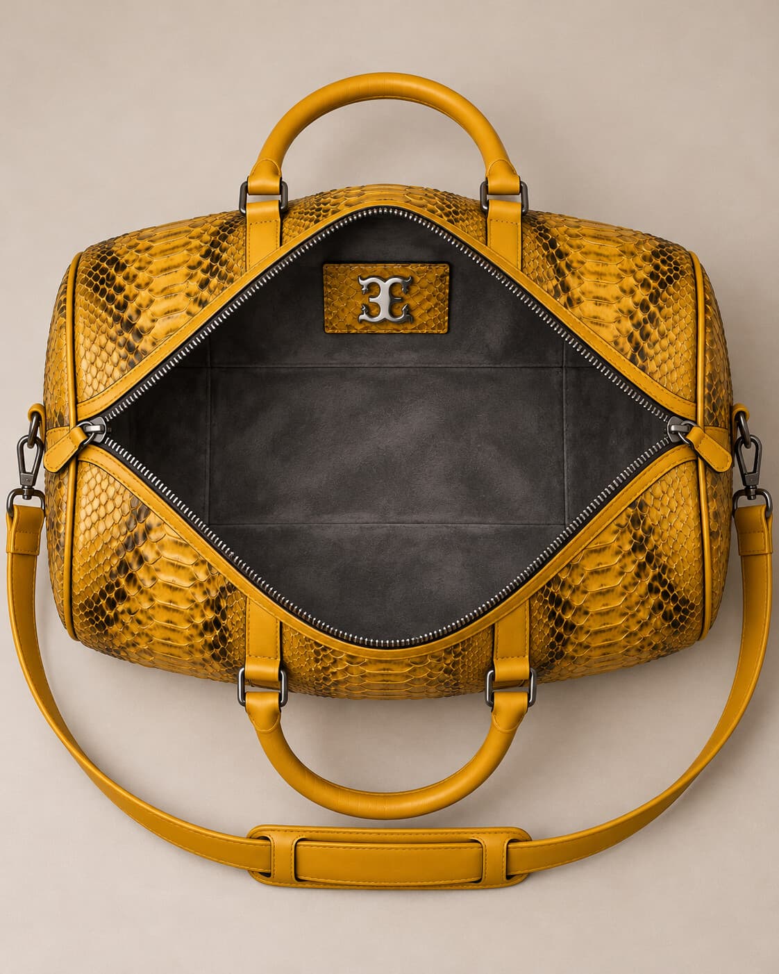 The Dom Bag in Mustard python, interior view