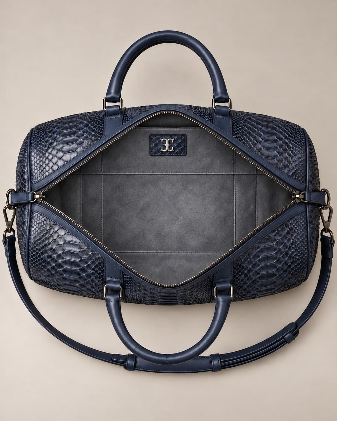 The Dom Bag in Navy python, interior view