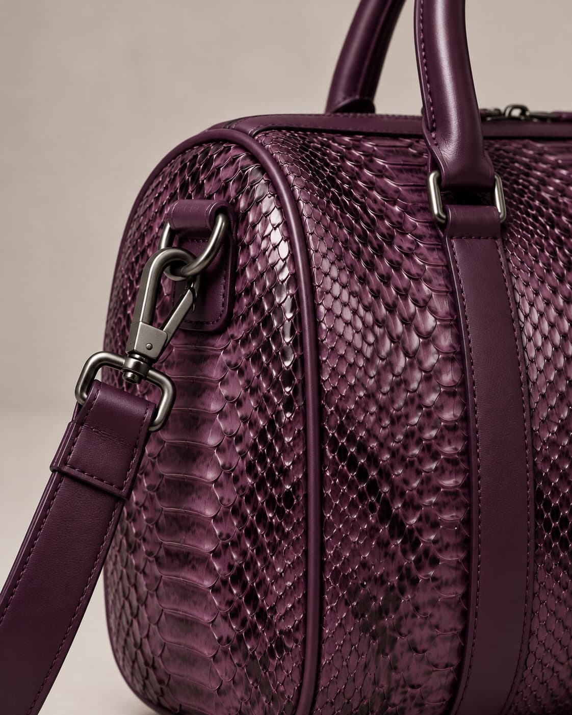 The Dom Bag in Plum python, hardware detail