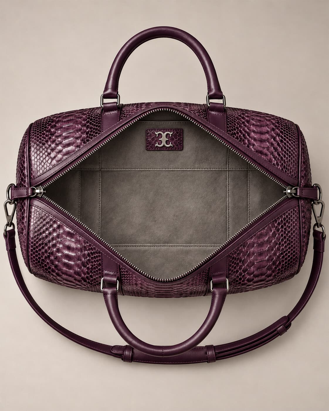 The Dom Bag in Plum python, interior view
