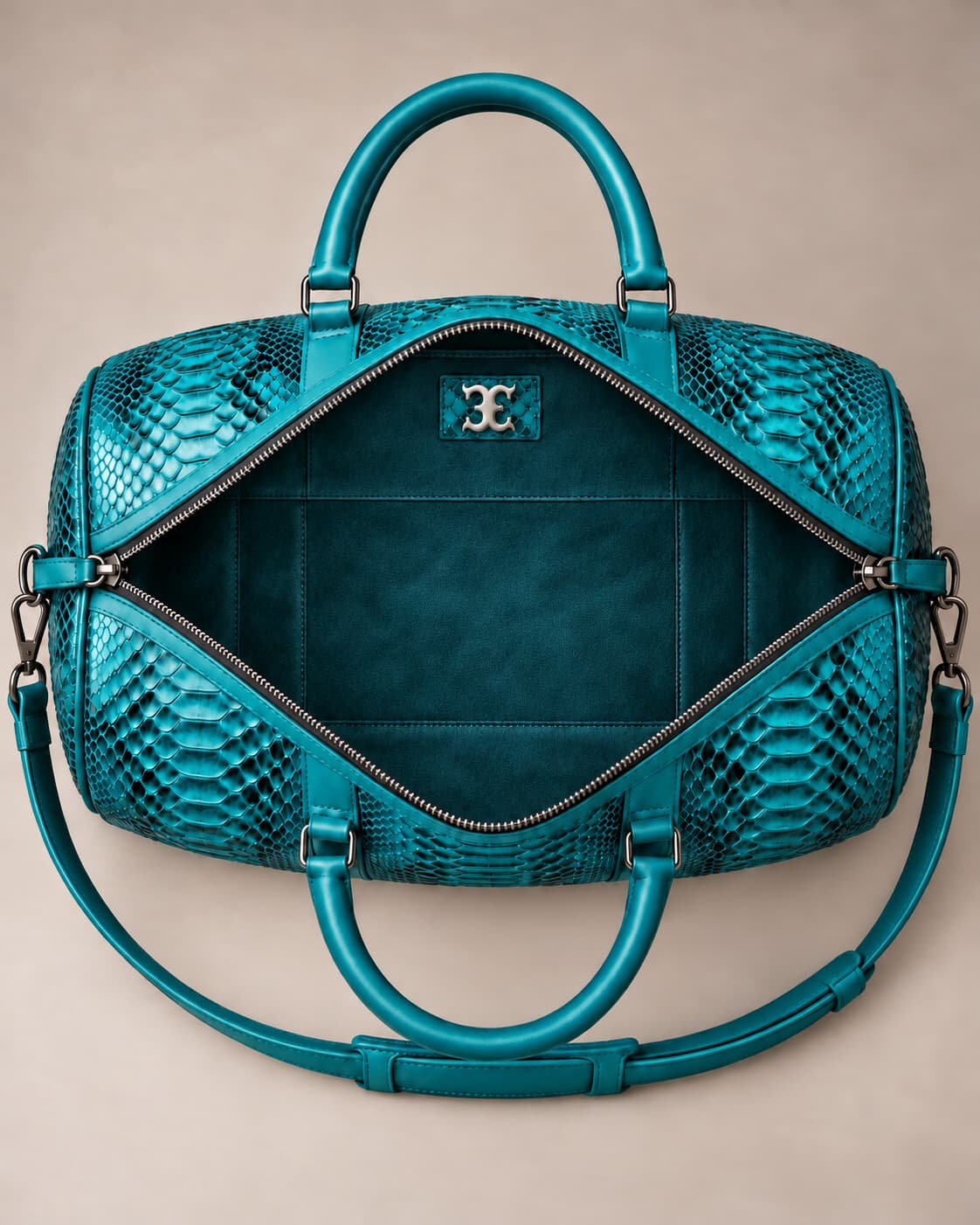 The Dom Bag in Turquoise python, interior view